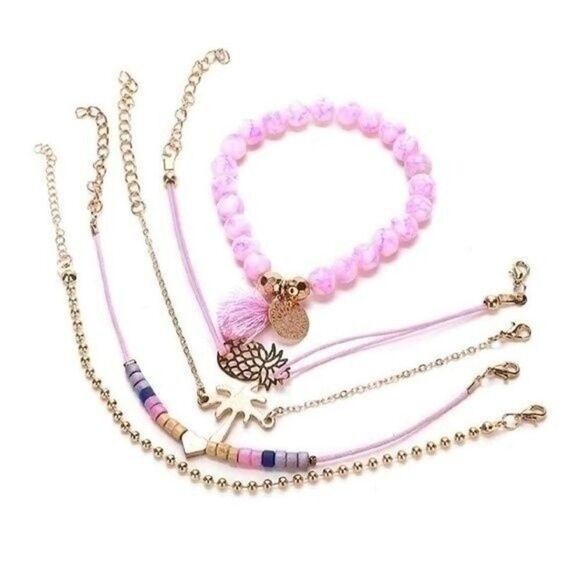 Pink Palm Beaded Boho Charm Bracelets Set of Five - Picture 5 of 5